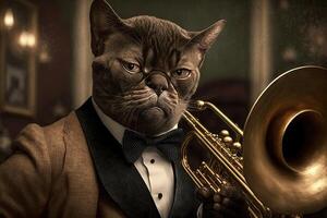 Cat as Louis Armstrong trumpet player musician famous historical character portrait illustration photo