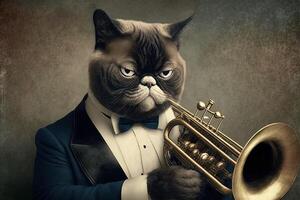 Cat as Louis Armstrong trumpet player musician famous historical character portrait illustration photo