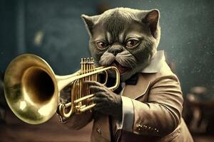 Cat as Louis Armstrong trumpet player musician famous historical character portrait illustration photo