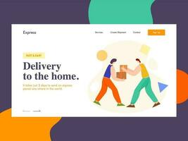 Landing page design with hand to hand parcel delivery by man for Delivery to the home. vector