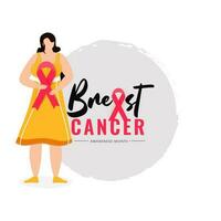 Character of faceless woman holding pink ribbon on white background for Breast Cancer Awareness Month concept. vector