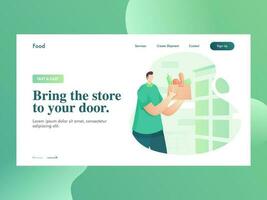 Landing page design with man character holding food veg bag for Bring the store to your door. vector