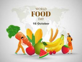 16 October, World Food Day banner or poster design with illustration of man and woman, fruits, corn, carrot and wheat on white world map background. vector