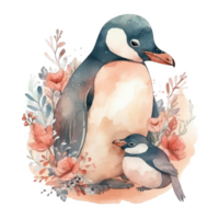 mamá y bebé pingüino acuarela arte, generativo ai png