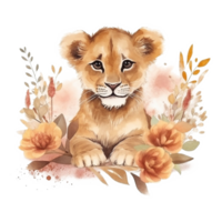 Lion lionceau floral aquarelle art, génératif ai png