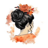 messy Bun Holyday Black Hair watercolor Art, png