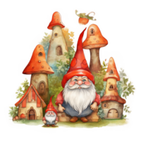 content gnome village aquarelle art, génératif ai png