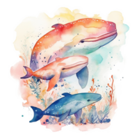Mom and Baby Whale Watercolor Art, png
