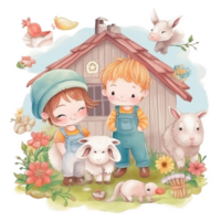 Cute Kids on The Farm Watercolor Art, png