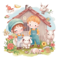 mignonne des gamins sur le ferme aquarelle art, génératif ai png