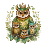 Royel Owl Family Watercolor Art, png