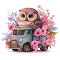 Cute Owl in Truck Pink Flowers Watercolor Art, png
