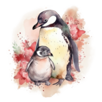 mamá y bebé pingüino acuarela arte, generativo ai png