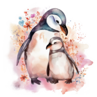 mam en baby pinguïn waterverf kunst, generatief ai png