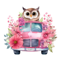 Cute Owl in Truck Pink Flowers Watercolor Art, png