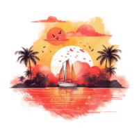 Summer Vacation Sunset Watercolor Art, png