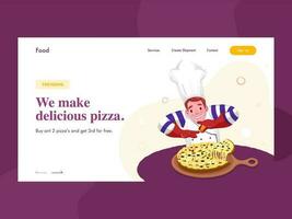 web bandera o aterrizaje página diseño con cocinero personaje presentación Pizza en pan y dado mensaje nosotros hacer delicioso Pizza. vector