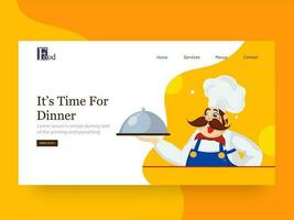 It's Time For Dinner landing page design with chef character holding cloche on abstract background. vector