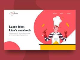 Learn from lien's cookbook landing page design with chef character presenting food cloche on table. vector