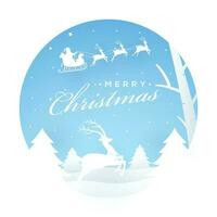 Merry Christmas greeting card design with xmas tree and running reindeer on snow background. vector