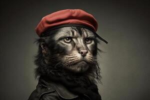 Cat as Che Guevara famous historical character portrait illustration photo