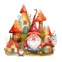 Happy Gnome Village Watercolor Art, png