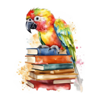 Cute Parrot on Books Watercolor Art, png