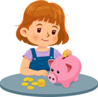 fofa pequeno menina colocando moedas para dentro uma porquinho banco. a conceito do salvando dinheiro e planejamento finança png