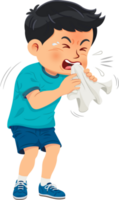 Sick child. A coughing boy holds a handkerchief in his hand png