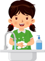 Cute little girl wash his hands in the sink with soap for cleanliness and healthcare png