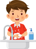 Cute little boy wash his hands in the sink with soap for cleanliness and healthcare png