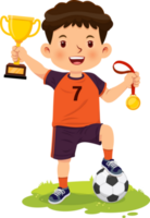 Happy smiling boy stands holding gold medal and trophy from winning football games png