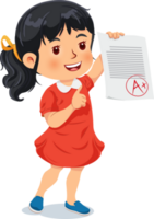 Cheerful girl shows perfect test results, including an A plus grade png