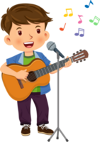 Happy cute boy is playing the guitar and singing into a microphone. Children playing music concepts png