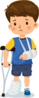 Little boy injured a broken arm and leg, had to be cast, and used on crutches png