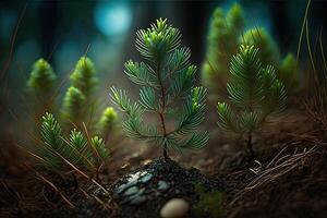 joven pino árbol planta de semillero ilustración generativo ai foto