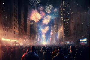celebrando nuevo año víspera en nuevo York fuegos artificiales en el cielo ilustración generativo ai foto