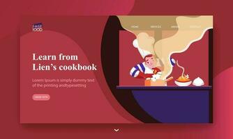 Landing page design with chef character cooking for Learn from lien's cookbook. vector