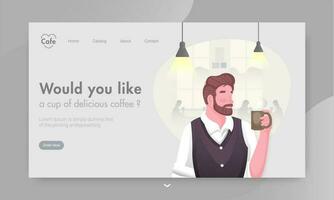 Responsive web banner or landing page design with faceless man drinking coffee at restaurant. vector