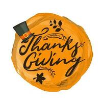 Calligraphy of Happy Thanksgiving with pilgrim hat and autumn leaves on orange brush stroke effect background for celebration concept. vector