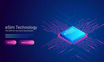 ESim Technology concept based landing page design with Embedded SIM card on blue background. vector