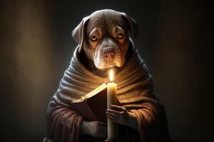 Dog as Medieval priest or monk cartoon character, with book and candle photo