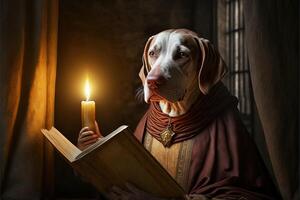 perro como medieval sacerdote o monje dibujos animados personaje, con libro y vela generativo ai foto