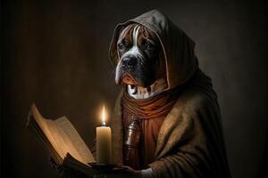 perro como medieval sacerdote o monje dibujos animados personaje, con libro y vela generativo ai foto