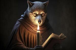 wolf as Medieval priest or monk cartoon character, with book and candle photo