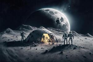 hombre es espalda en el luna, astronauta en traje espacial caminando en el Luna ilustración generativo ai foto