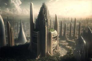 megalópolis de el futuro futurista ciudad horizonte panorama ilustración generativo ai foto
