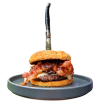 Cheeseburger in plate with knife png