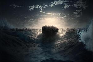 migrants on boat in mediterranean sea dramatic scene illustration photo