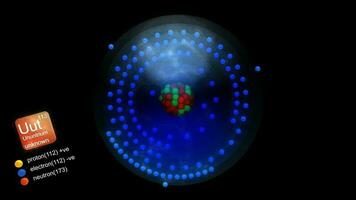 Ununtrium atom, with element's symbol, number, mass and element type color. video